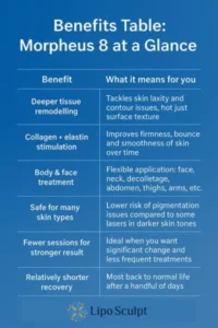 How Often Can I have Morpheus 8? 3 Table showing the benefits of Morpheus 8 treatment from Lipo Sculpt Salford Quays